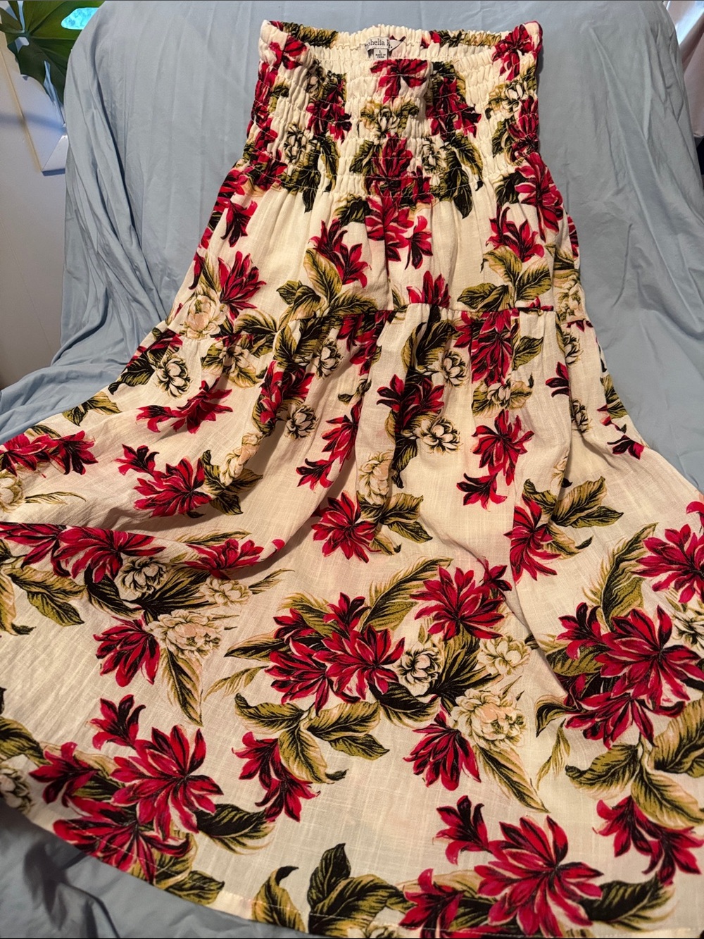 Smocked Waist Maxi Skirt in Cream with Red Floral Print